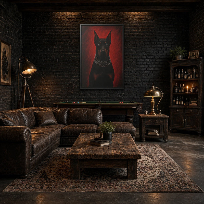 Framed doberman portrait canvas with black dog and red background