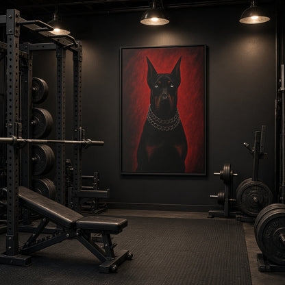 Framed canvas portrait of a black doberman with red backdrop