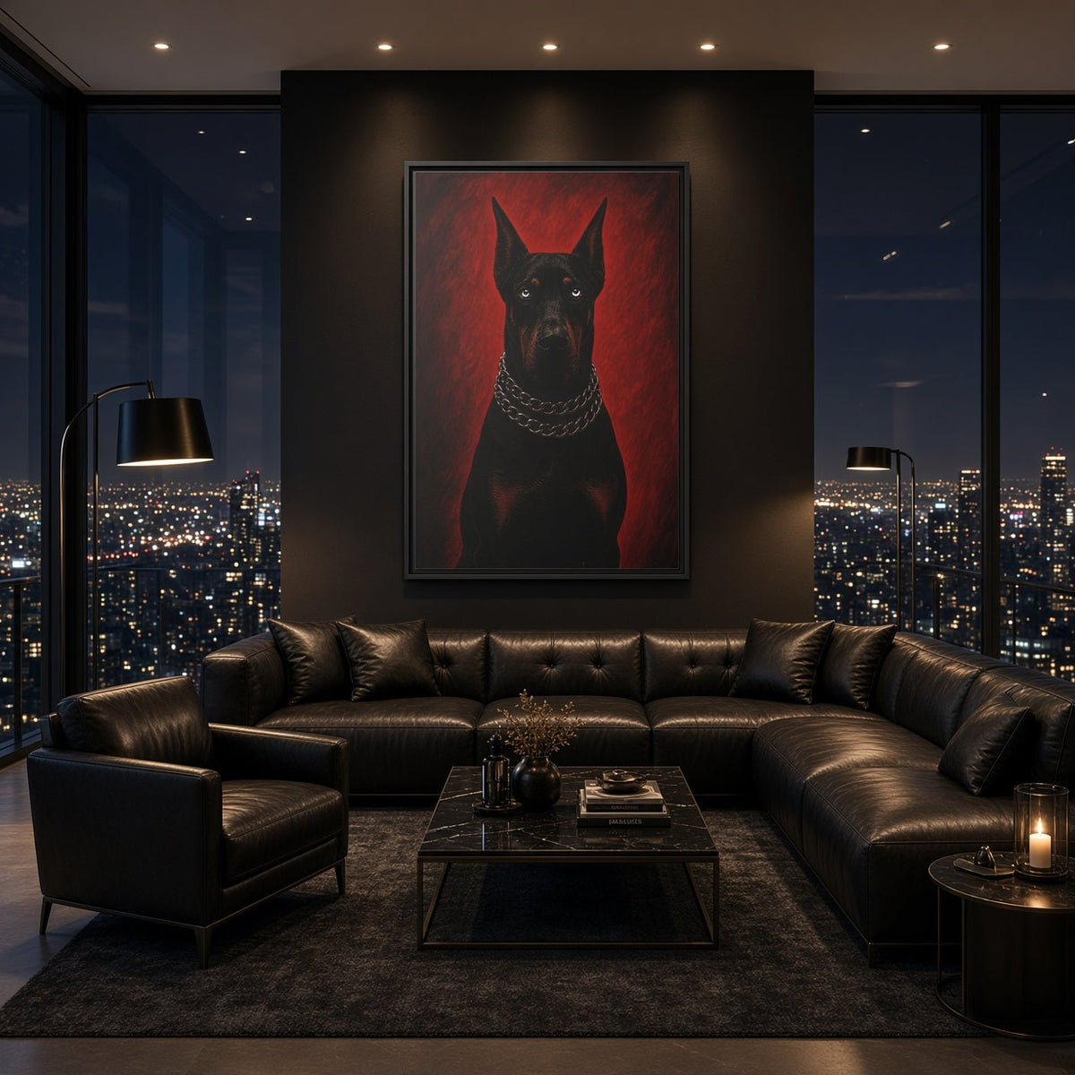 Framed canvas Doberman portrait centered on wall, black dog with silver chain collar
