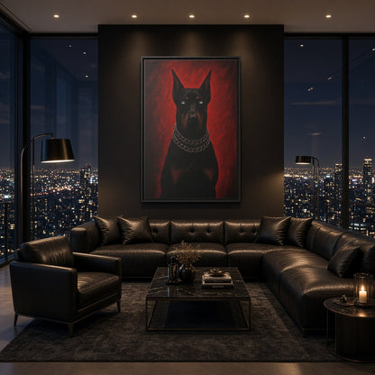 Framed canvas Doberman portrait centered on wall, black dog with silver chain collar