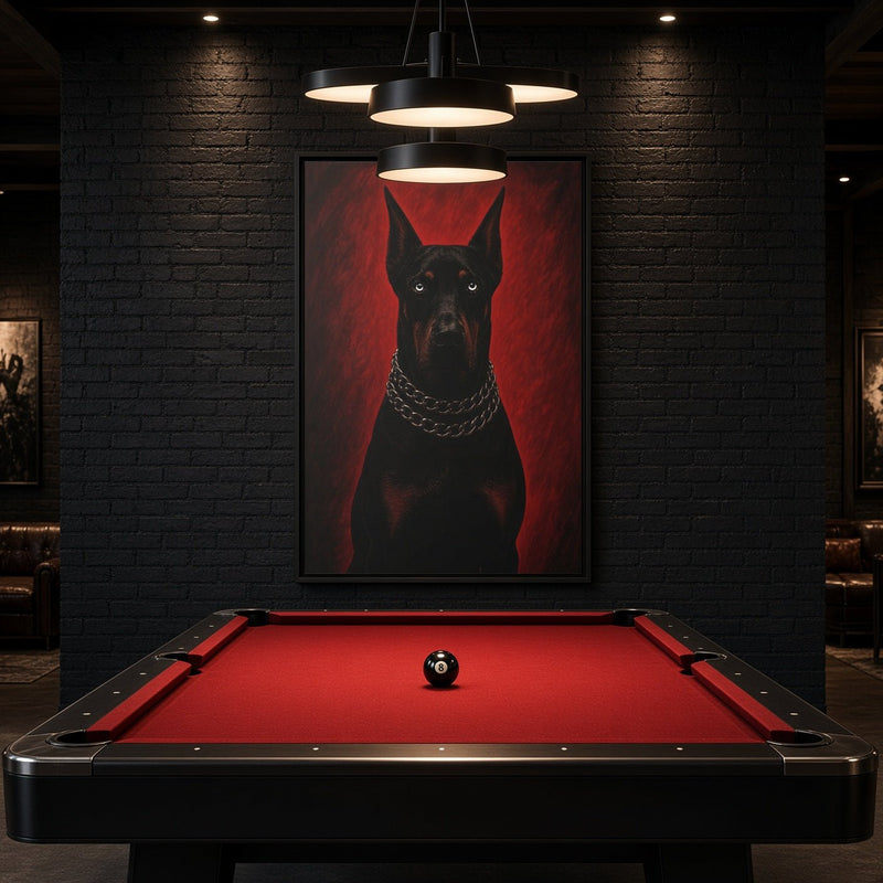 Framed canvas Doberman portrait hanging on wall, black dog with silver chain collar