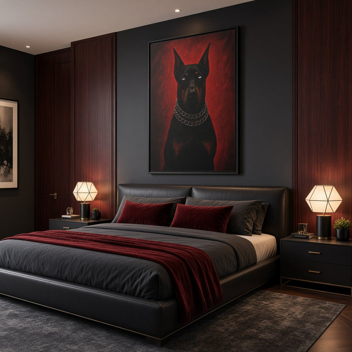 Framed canvas wall art of a black Doberman with silver chain collar, red abstract backdrop