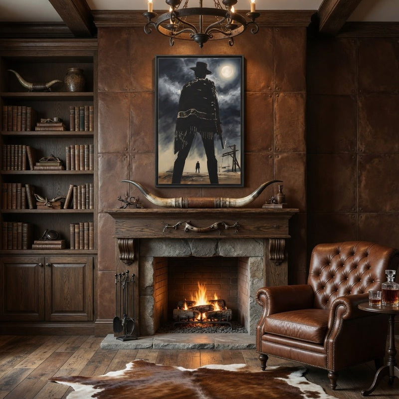 Framed matte canvas print showing dark cowboy figure, moonlit clouds, black frame