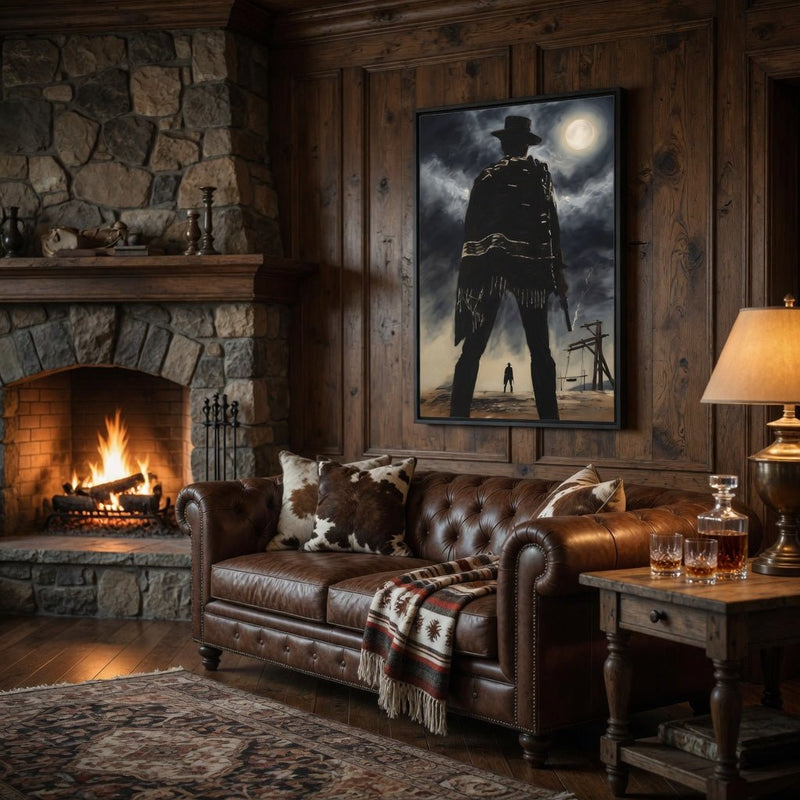 Framed matte canvas print of a black cowboy silhouette with a bright moon and windmill