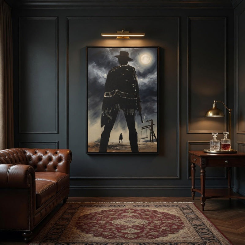 Framed matte canvas print featuring a black cowboy silhouette under a moon in cloudy sky