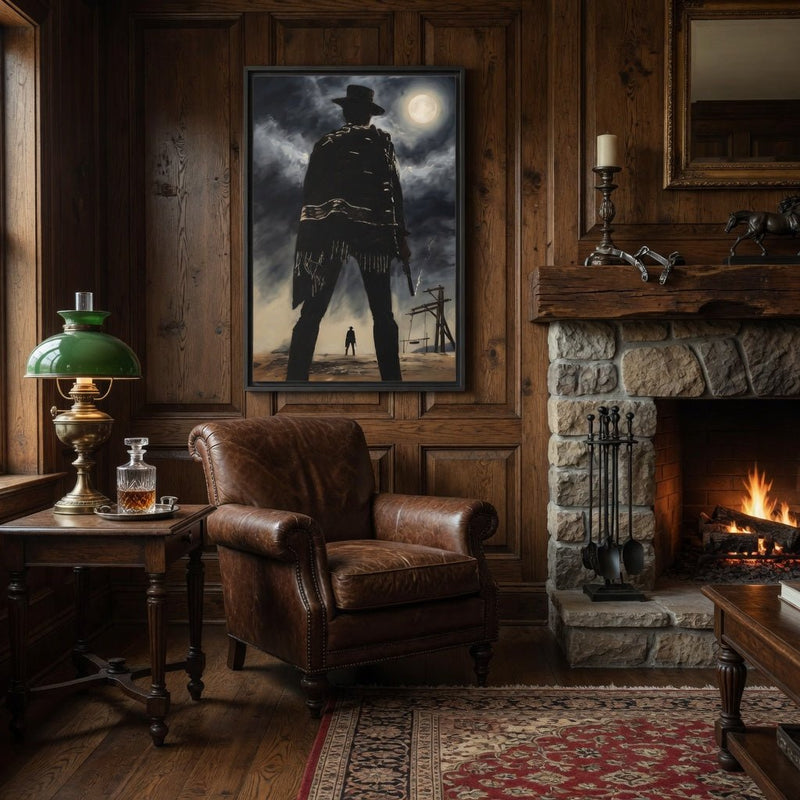 Framed matte canvas print showing a black cowboy silhouette against a bright moon and clouds