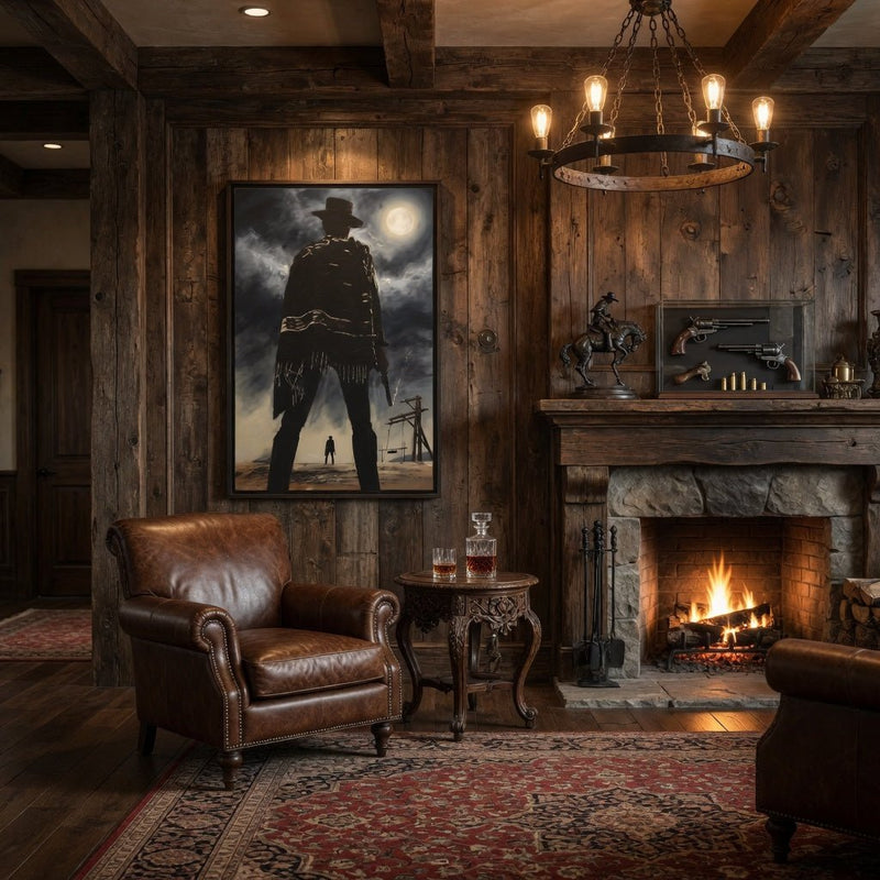 Framed matte canvas print of a black cowboy silhouette with moon, clouds, and windmill