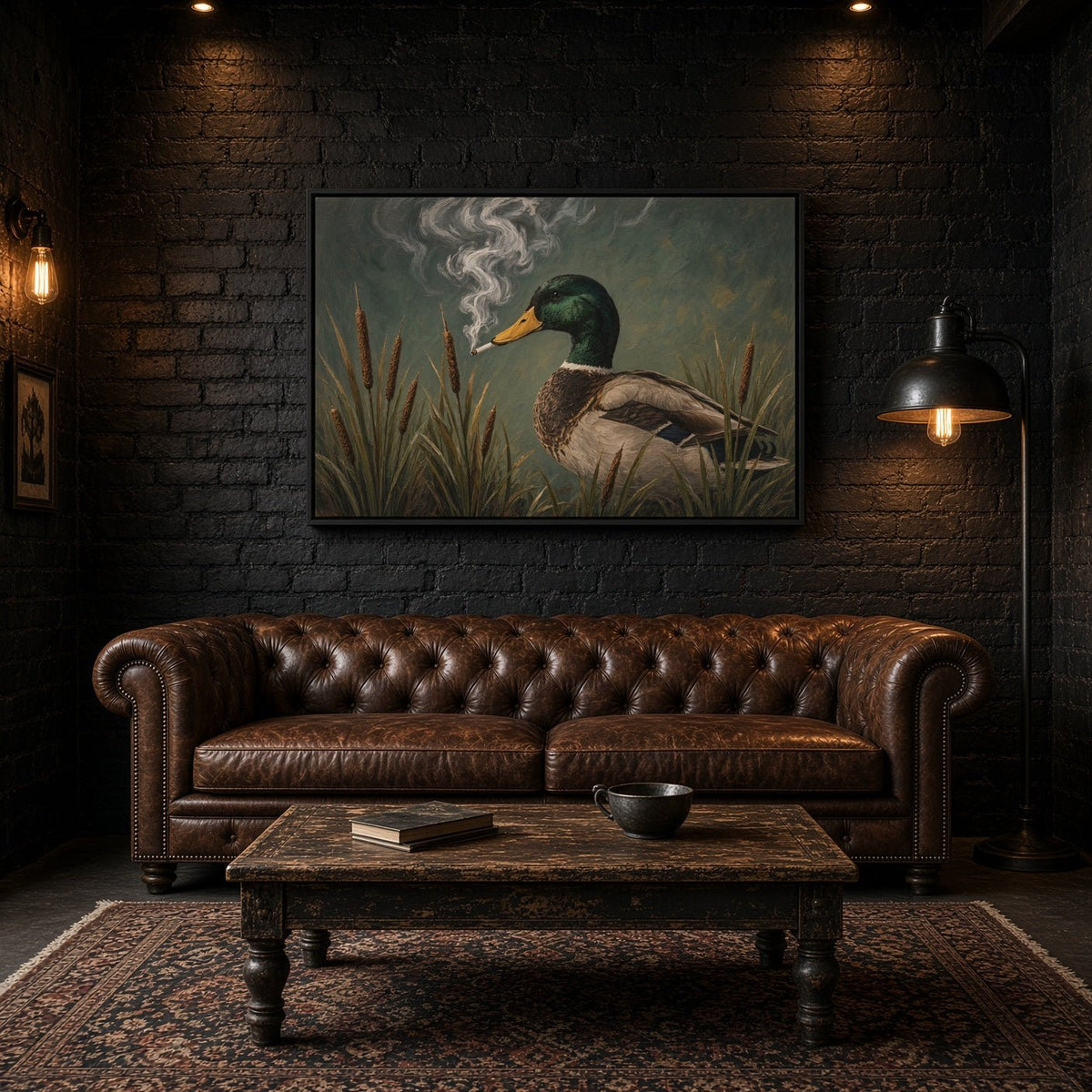 Framed duck canvas wall art depicting a green duck with smoke and tall reeds