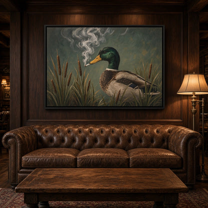 Framed canvas wall art featuring a duck illustration with smoke curls over reeds