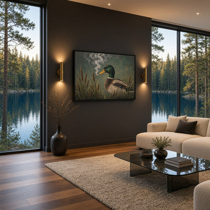 Framed canvas wall art showing duck and reeds with white smoke above