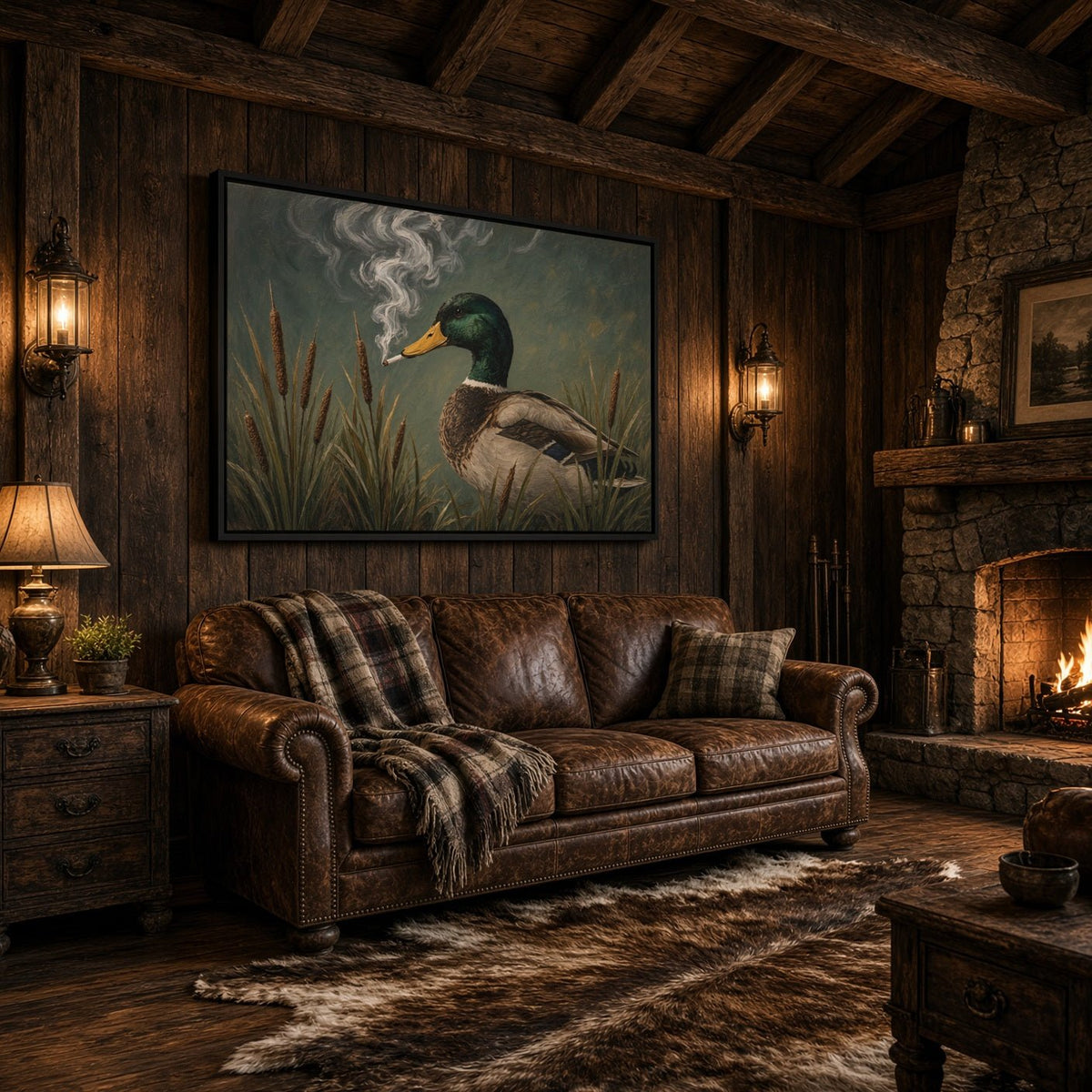 Framed duck canvas wall art with a green-headed duck, smoke plume, and grasses