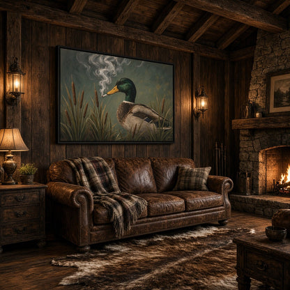 Framed duck canvas wall art with a green-headed duck, smoke plume, and grasses