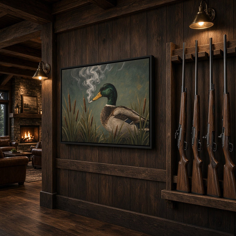 Framed duck canvas wall art with a green head, orange beak, and smoke trail