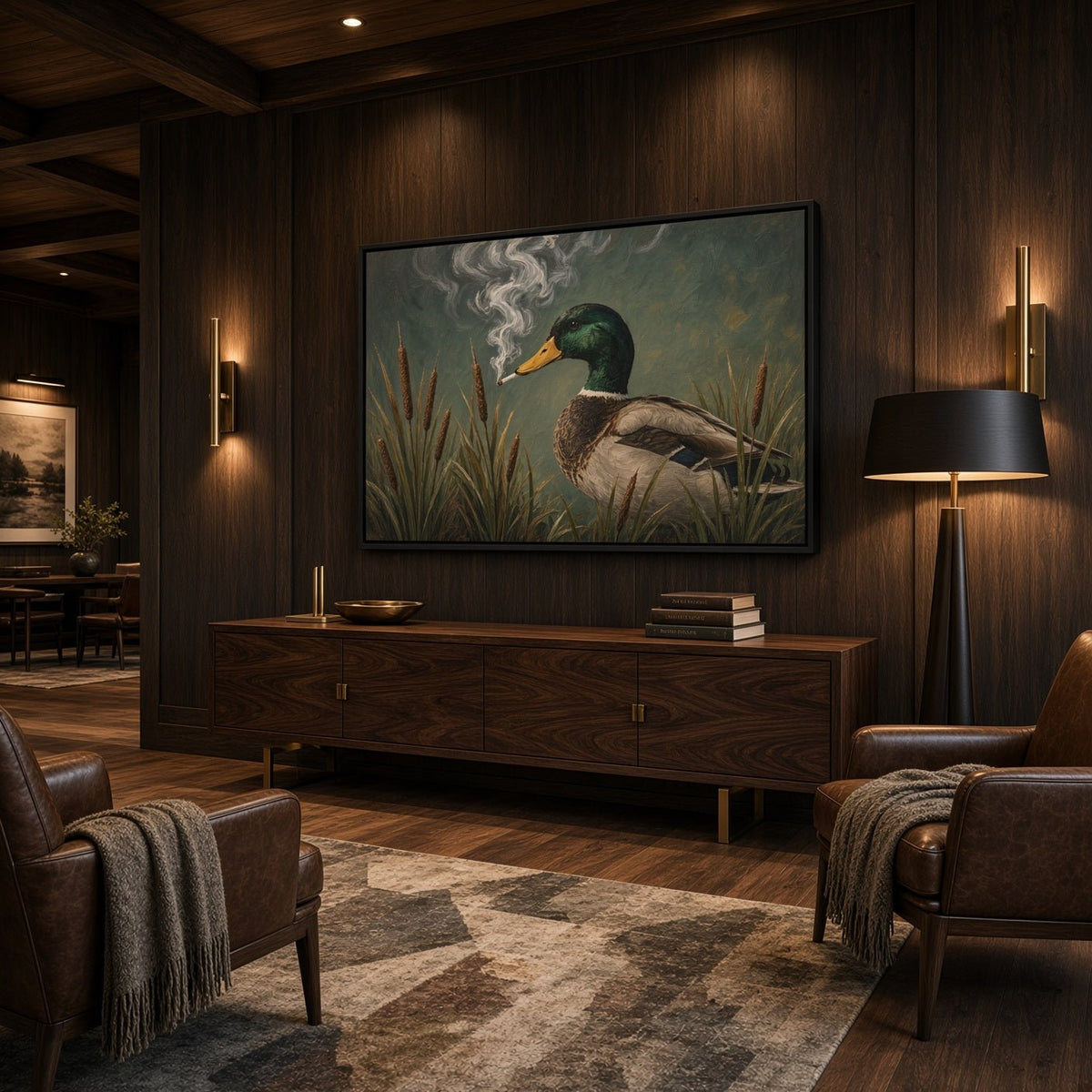 Framed duck canvas wall art featuring a green duck and smoke rising over reeds