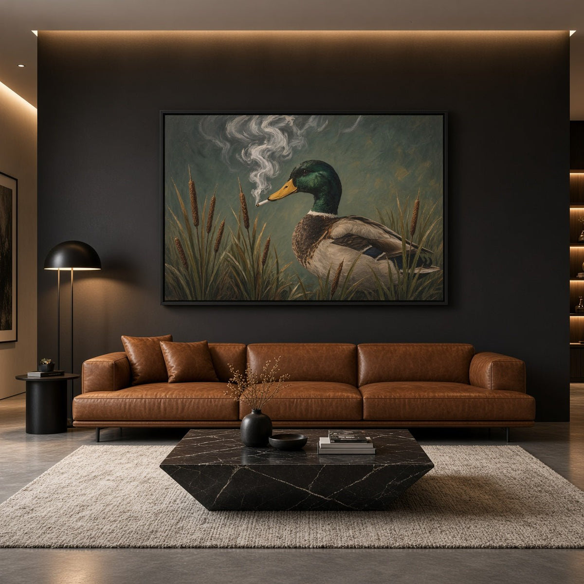 Framed duck canvas wall art with green head, orange beak, and swirling smoke