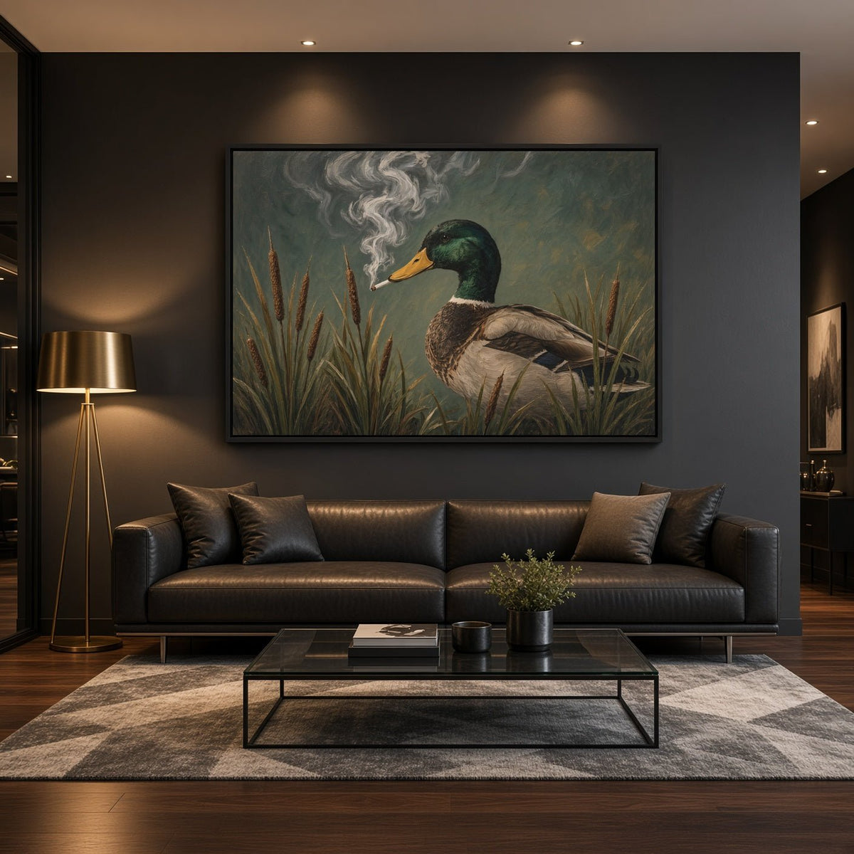 Framed duck canvas wall art showing a green-headed duck, smoke plume, and reeds