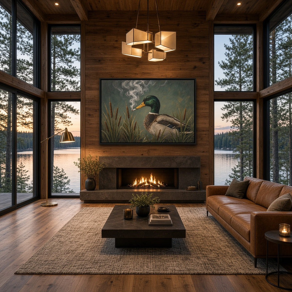 Framed canvas wall art featuring a duck among reeds with smoke rising upward