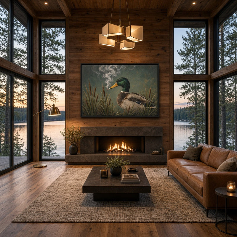 Framed canvas wall art featuring a duck among reeds with smoke rising upward