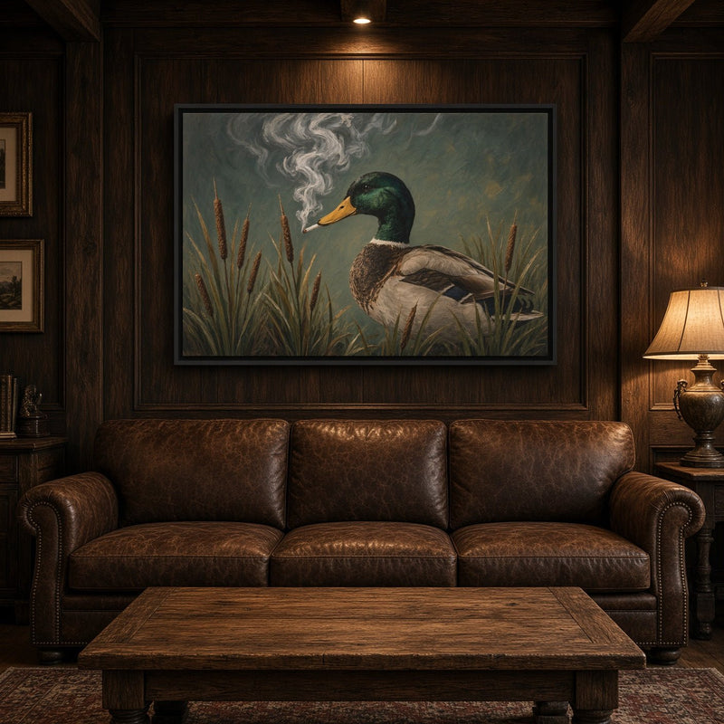 Framed canvas wall art of a duck with a yellow-orange beak and smoke above