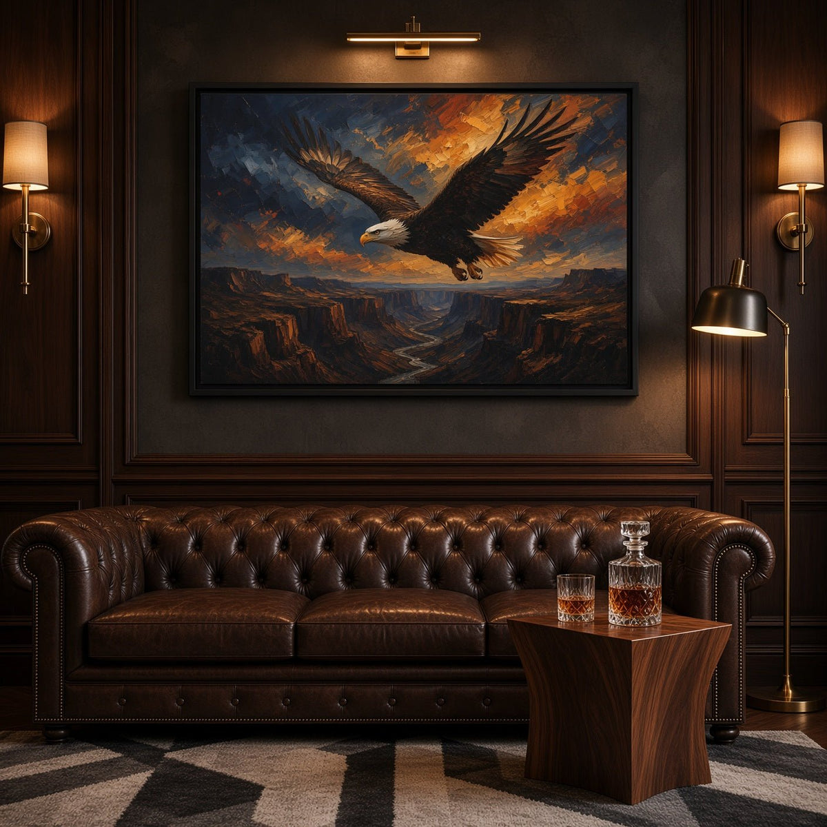 Framed soaring eagle canvas in black frame with orange cloud lighting