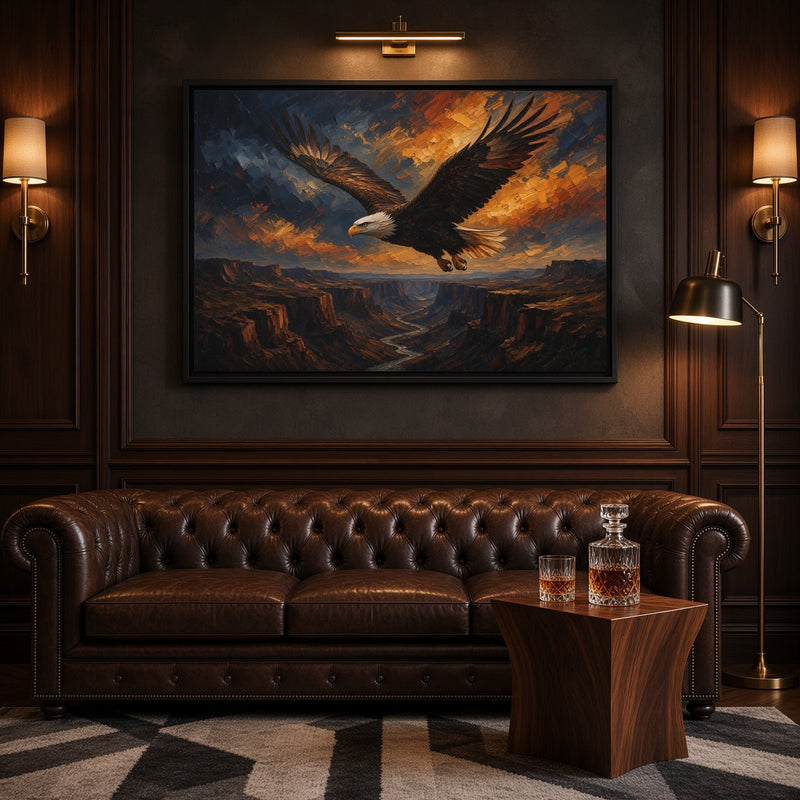 Framed soaring eagle canvas in black frame with orange cloud lighting