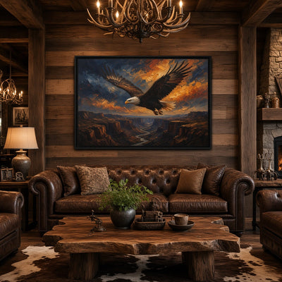 Framed eagle wall canvas with wide wings, dark frame and dramatic sky