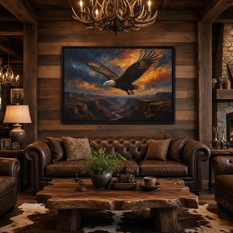 Framed eagle wall canvas with wide wings, dark frame and dramatic sky