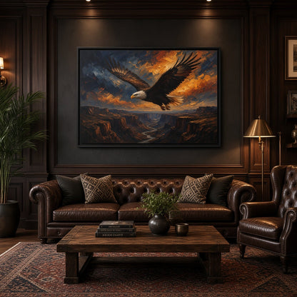 Framed eagle canvas with wings spread over blue-orange landscape scene