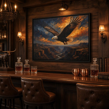 Framed soaring eagle artwork over rocky landscape, dark-toned frame
