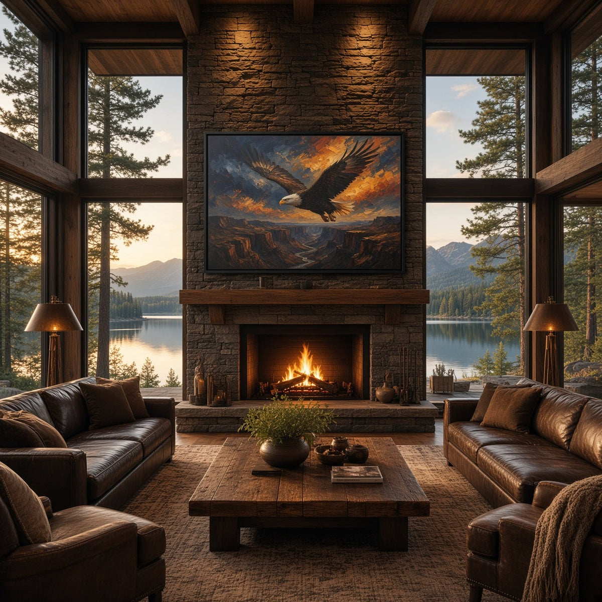 Framed eagle wall canvas with orange and blue sky, black-toned frame