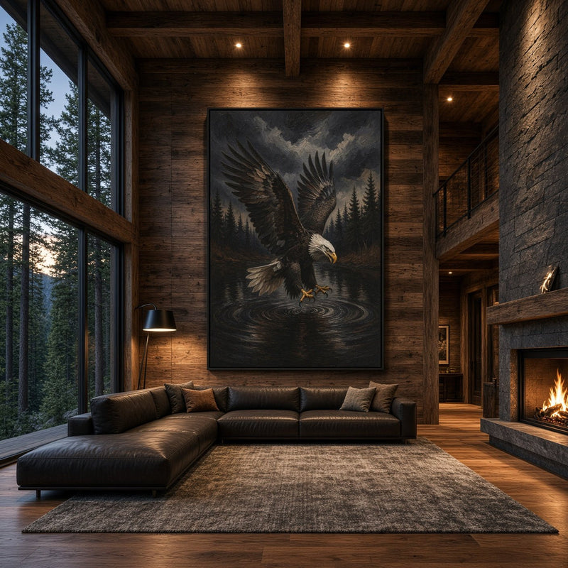 Canvas print of an eagle descending toward water, featuring a forest and cloudy sky.