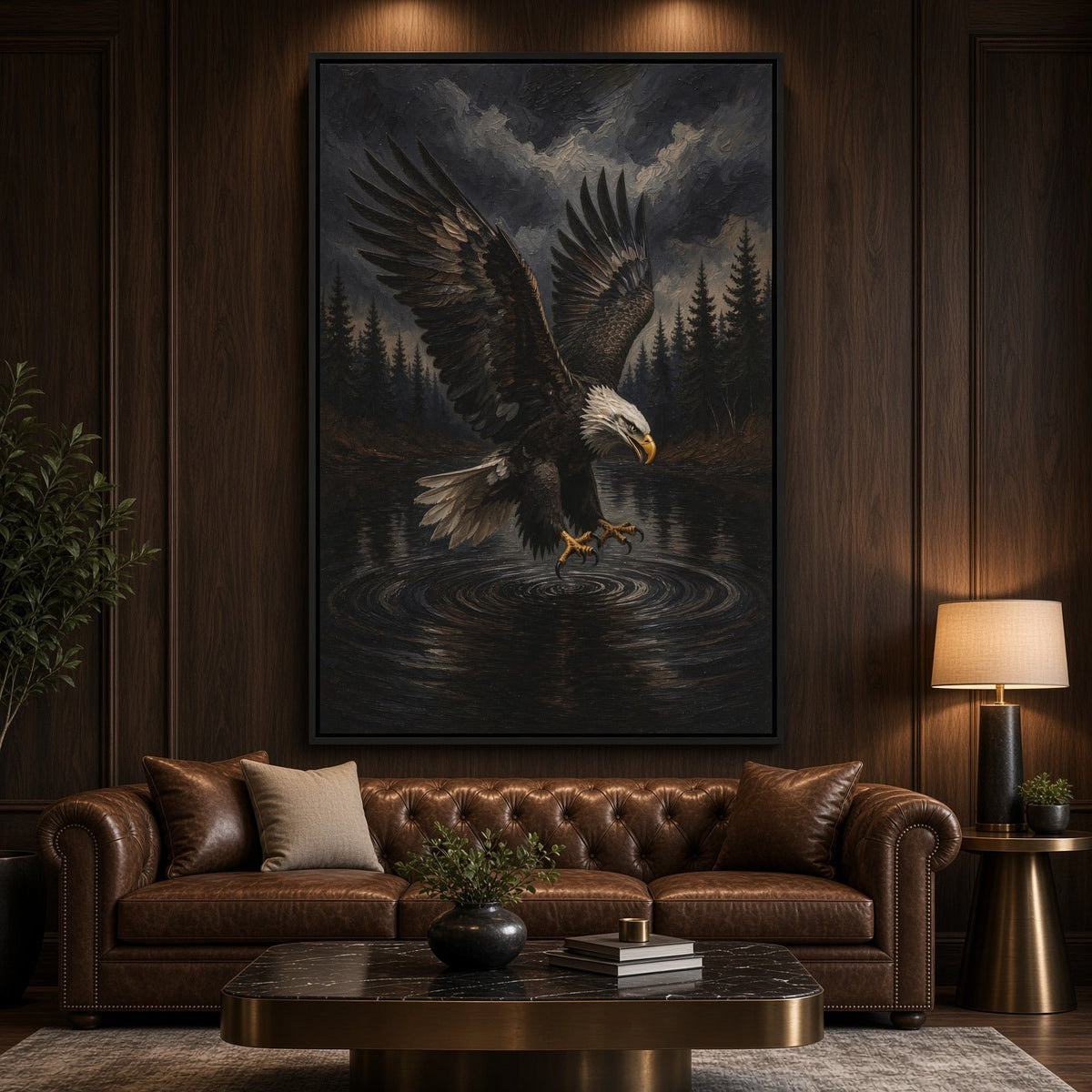 Large black-framed eagle canvas showing a white-headed eagle swooping over water.