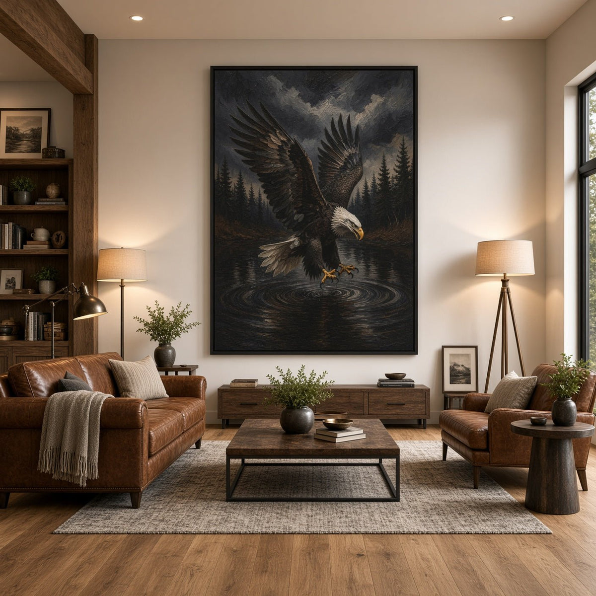Bald eagle canvas art with outstretched wings, dark pines, and swirling water.