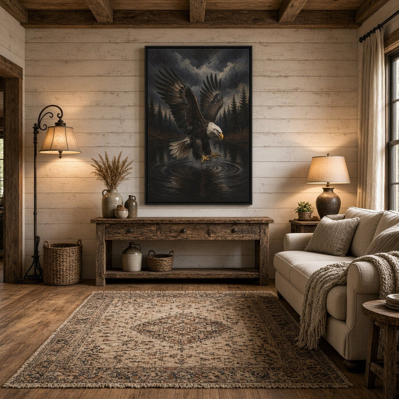 Black-framed canvas depicting an eagle reaching toward rippling water amid pine trees.