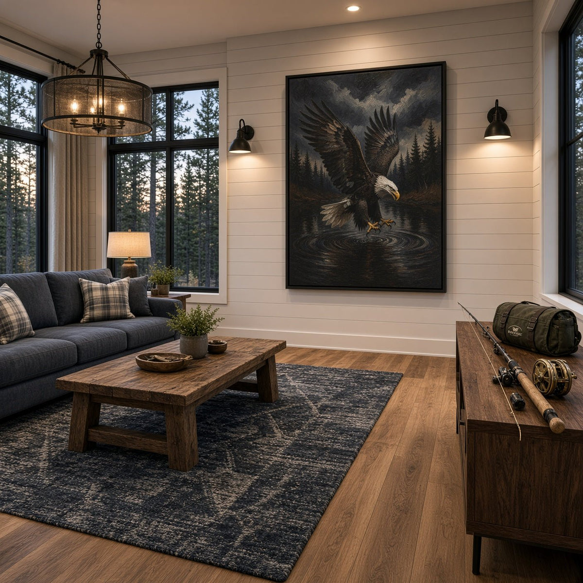Black-framed canvas featuring a spread-winged bald eagle above water in a forest.