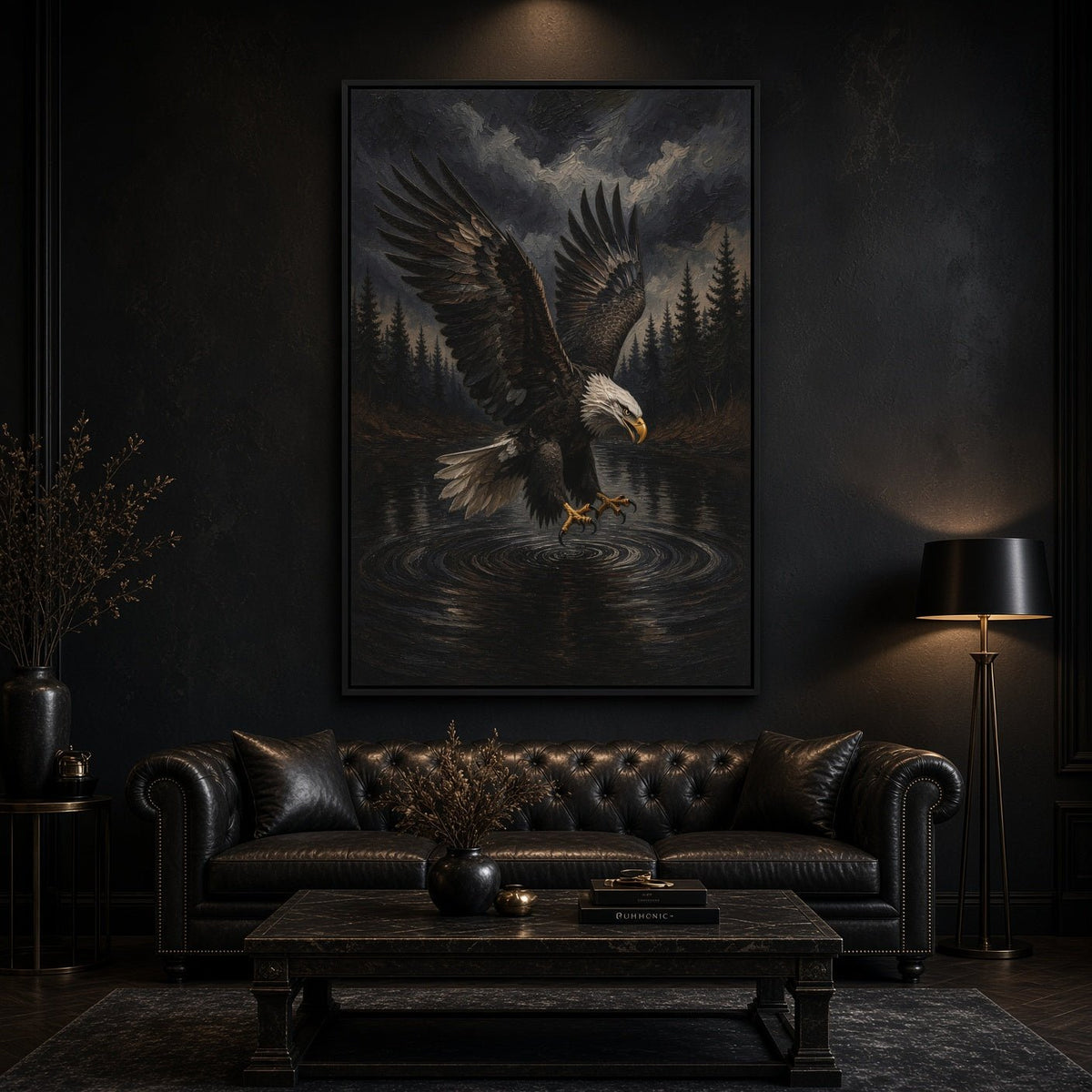 Eagle canvas wall art with a white-headed eagle swooping toward water, framed in black.