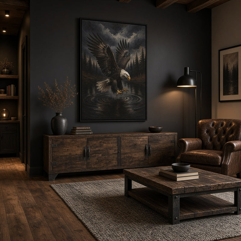 Black-framed eagle canvas depicting a diving bald eagle over rippling water and pine trees.