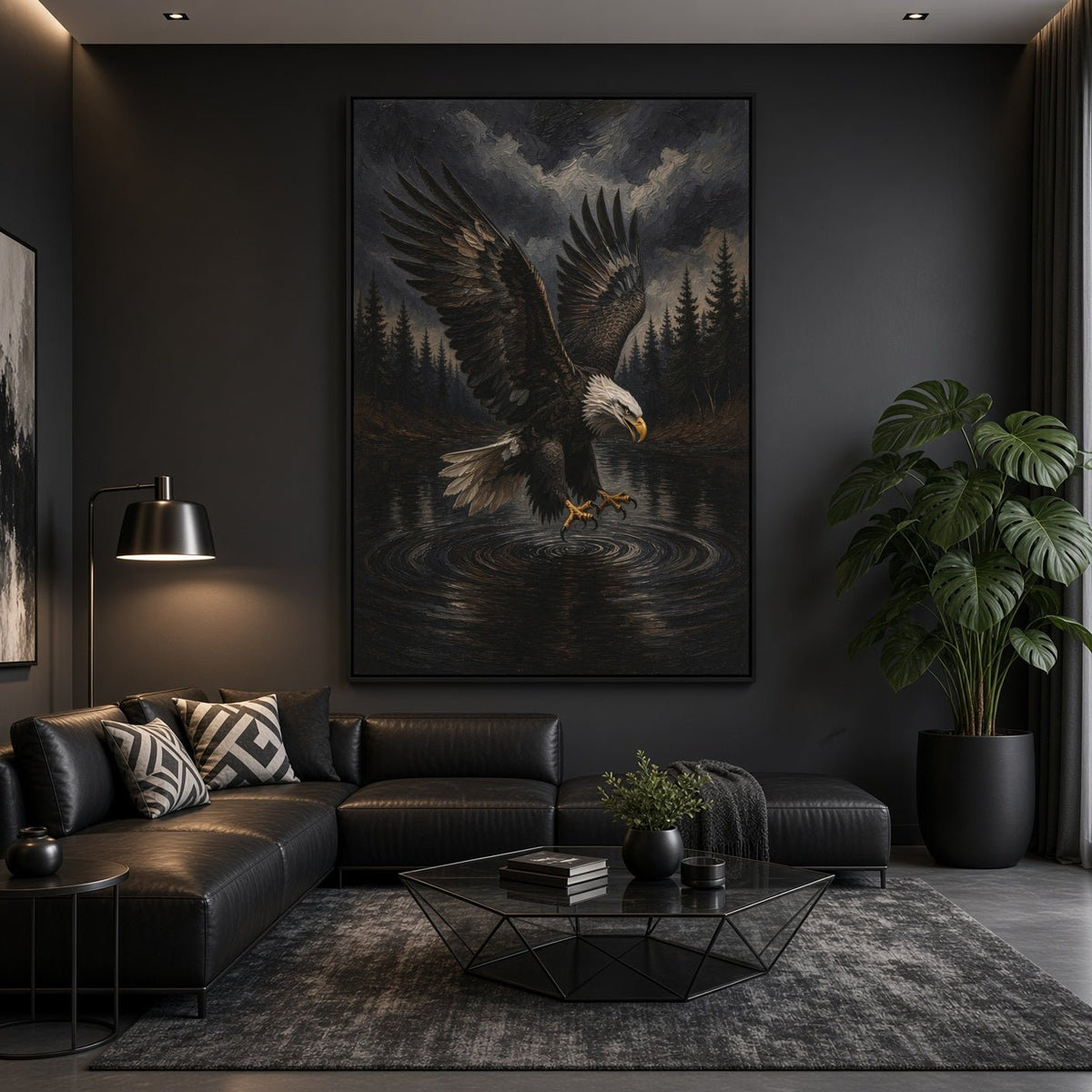 Eagle canvas wall art showing the bird descending over water, with a forest and stormy sky.