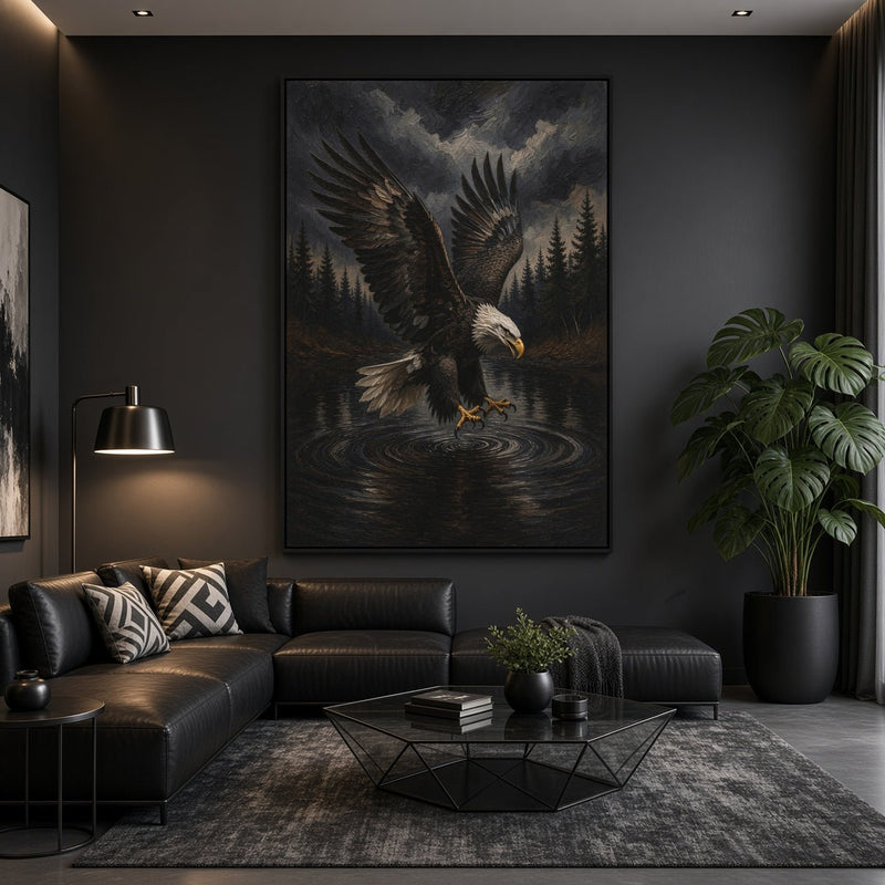 Eagle canvas wall art showing the bird descending over water, with a forest and stormy sky.