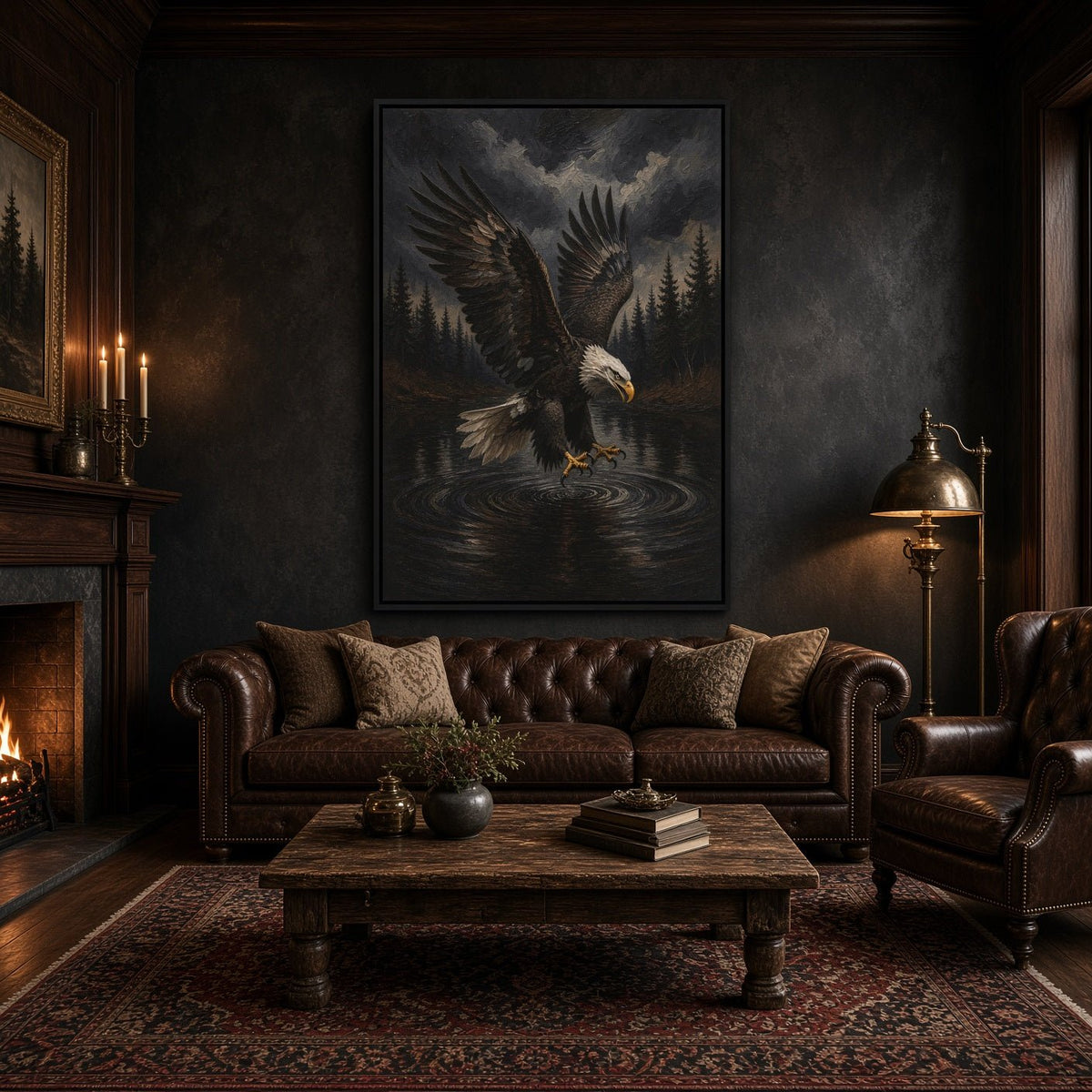 Framed eagle canvas depicting a bird swooping over water, hung above a leather sofa.