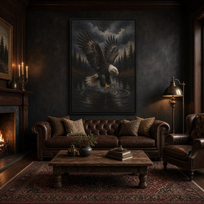 Framed eagle canvas depicting a bird swooping over water, hung above a leather sofa.
