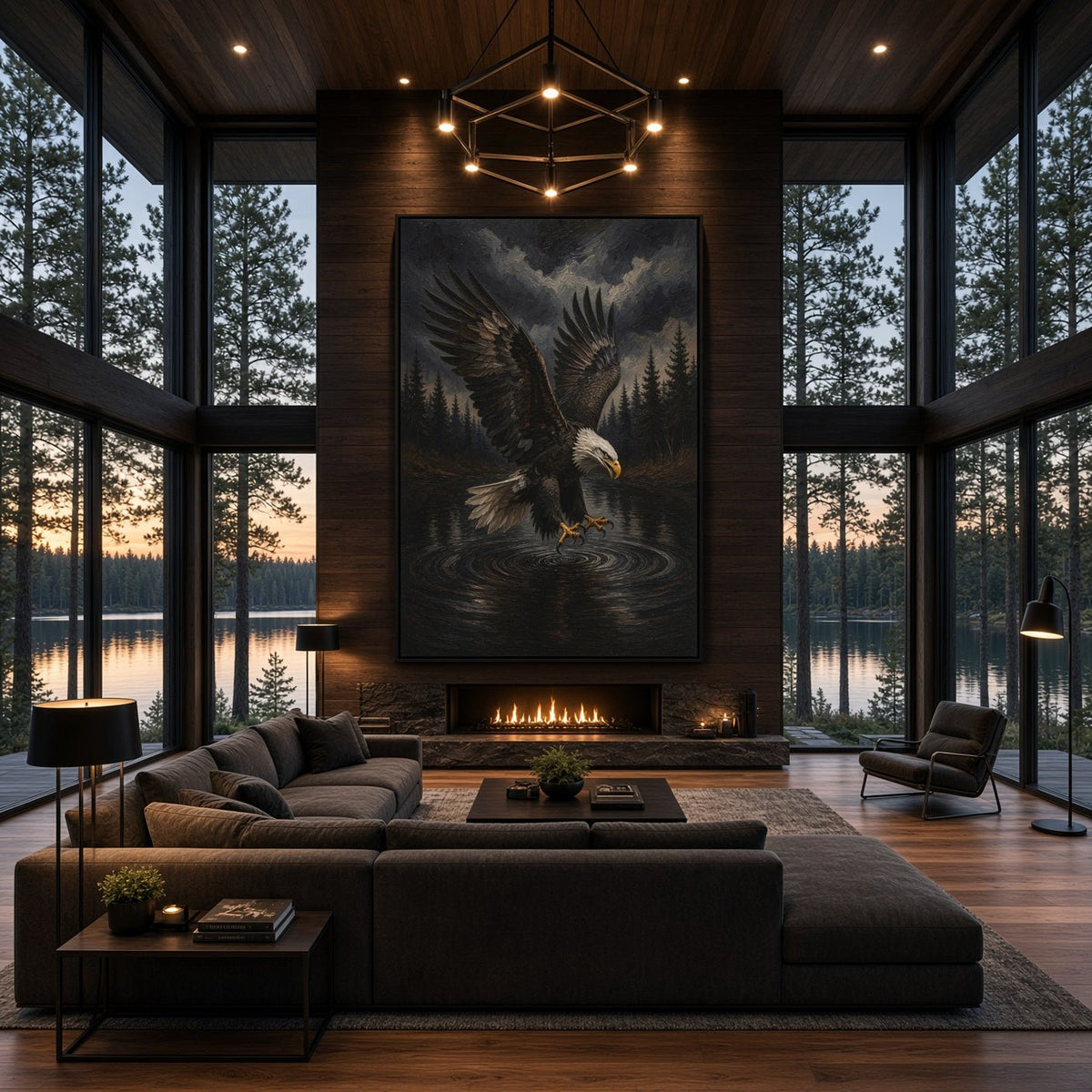 Canvas print of an eagle spreading its wings above rippling water, displayed over a fireplace.