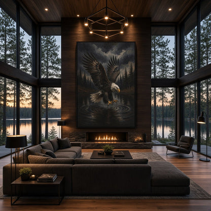 Canvas print of an eagle spreading its wings above rippling water, displayed over a fireplace.