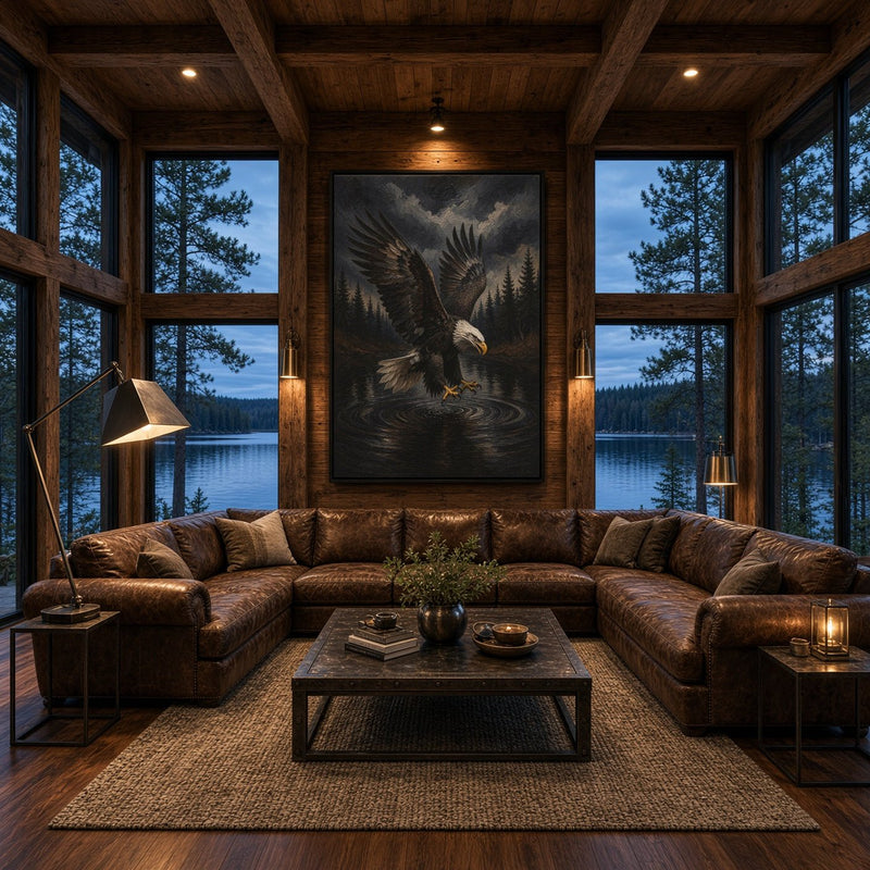 Eagle canvas wall art depicting the bird diving toward rippling water, centered above a sectional sofa.