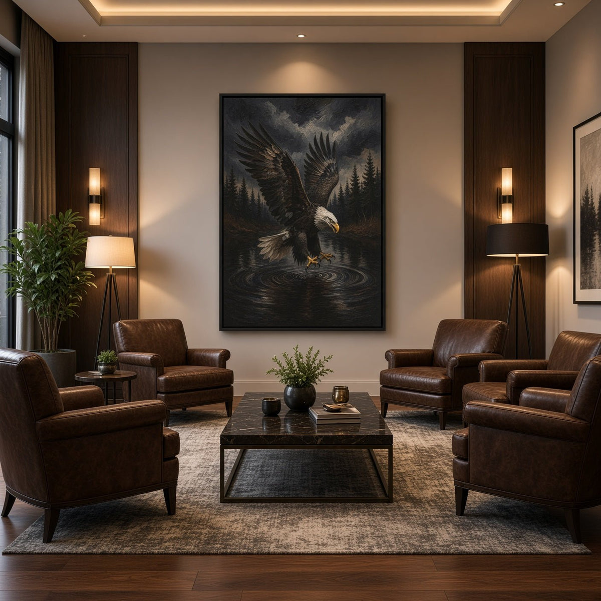 Black-framed canvas print of an eagle swooping over water, shown above a living room seating area.
