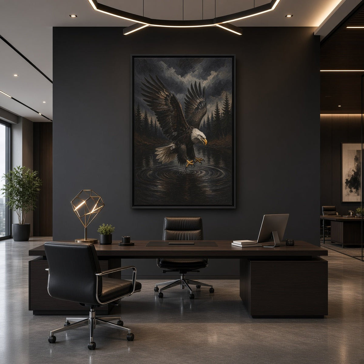 Black-framed canvas print of a spread-winged eagle above water in a forest setting.