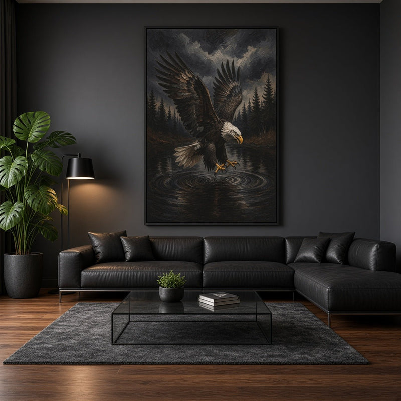 Eagle wall canvas portraying a descending bald eagle against pines and stormy skies.