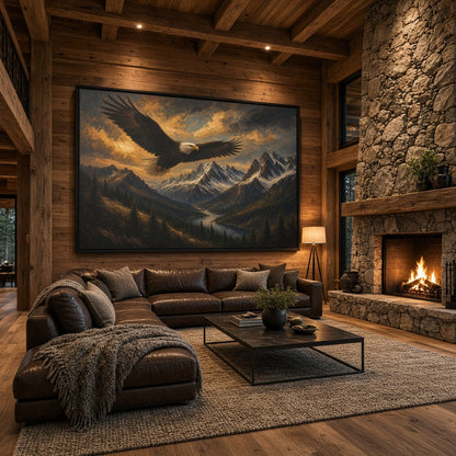 Black framed canvas wall art of a flying eagle above a misty mountain valley.