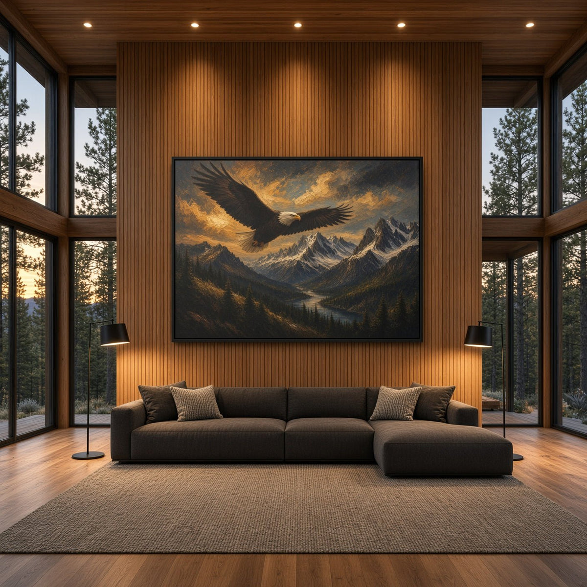 Black framed canvas wall art featuring a soaring eagle against mountain ridgelines.