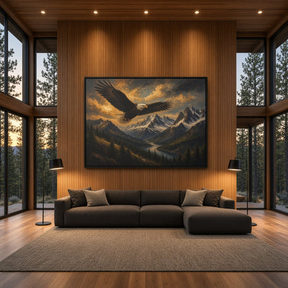 Black framed canvas wall art featuring a soaring eagle against mountain ridgelines.